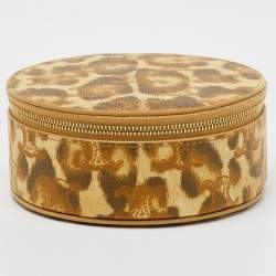 Pre Owned Celine Beige/Brown Animal Print Saffiano Leather Round Zip Around Pouch