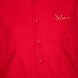 Pre Owned Celine Red Wool Logo Embroidered Button Front Teddy Jacket M