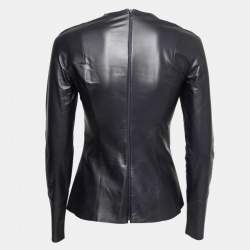 Pre Owned Celine Black Lambskin Leather Long Sleeve Peplum Top S
