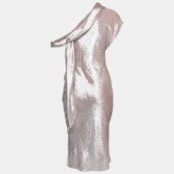 Pre Owned Celine Light Pink Lame One-Shoulder Draped Midi Dress S