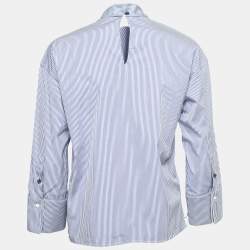Pre Owned Celine Blue Striped Cotton Poplin Tie-Neck Blouse S