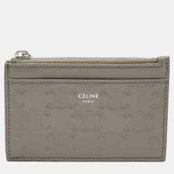 Pre Owned Celine Grey Triomphe Embossed Leather Zip Card Holder