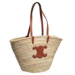 Pre Owned Celine Tan Raffia and Leather Triomphe Classic Panier Tote