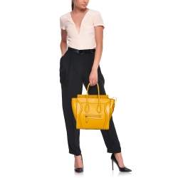 Pre Owned Celine Mustard Leather Micro Luggage Tote