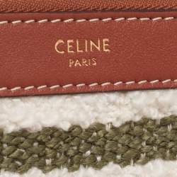 Pre Owned Celine White/Green Striped Tweed and Leather 16 Bucket Bag 