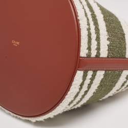 Pre Owned Celine White/Green Striped Tweed and Leather 16 Bucket Bag 