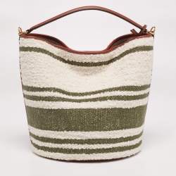 Pre Owned Celine White/Green Striped Tweed and Leather 16 Bucket Bag 