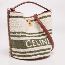 Pre Owned Celine White/Green Striped Tweed and Leather 16 Bucket Bag 