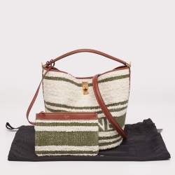 Pre Owned Celine White/Green Striped Tweed and Leather 16 Bucket Bag 