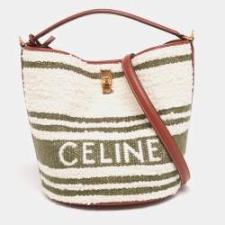 Celine White/Green Striped Tweed and Leather 16 Bucket Bag Celine