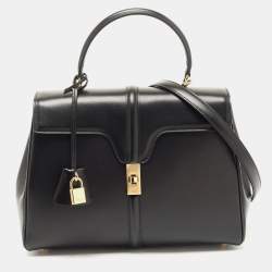 Pre Owned Celine Black Leather Medium Classique 16 Top Handle Bag