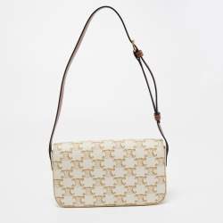 Pre Owned Celine Off-White Triomphe Canvas Claude Shoulder Bag