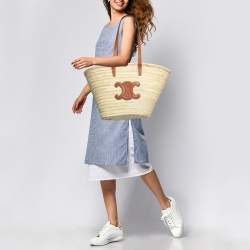 Pre Owned Celine Beige/Brown Woven Raffia and Leather Triomphe Panier Bag