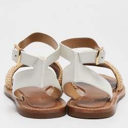 Pre Owned Celine Beige Leather and Raffia Ankle Strap Flat Sandals Size 38