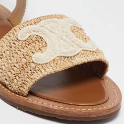 Pre Owned Celine Beige Leather and Raffia Ankle Strap Flat Sandals Size 38