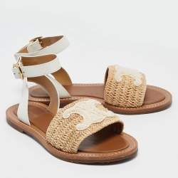 Pre Owned Celine Beige Leather and Raffia Ankle Strap Flat Sandals Size 38