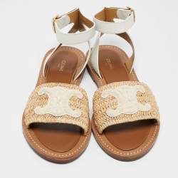 Pre Owned Celine Beige Leather and Raffia Ankle Strap Flat Sandals Size 38