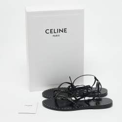 Celine Black Leather Studded Ankle Wrap Flat Sandals Size 36
