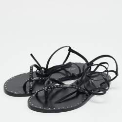 Celine Black Leather Studded Ankle Wrap Flat Sandals Size 36