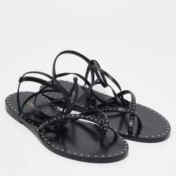 Celine Black Leather Studded Ankle Wrap Flat Sandals Size 36