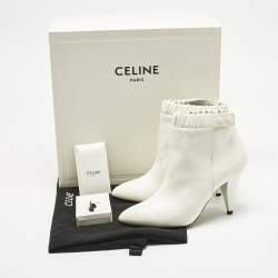 Pre Owned Celine White Leather Pointed Toe Ankle Boots Size 38