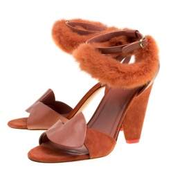 Pre Owned Cèline Brown Leather and Mink Fur Bracelet Peep Toe Sandals Size 38.5