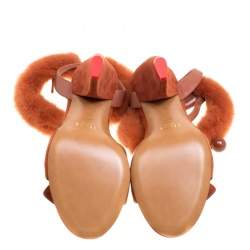 Pre Owned Cèline Brown Leather and Mink Fur Bracelet Peep Toe Sandals Size 38.5