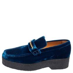 Pre Owned Celine Blue Velvet Sleek Platform Loafers Size 38