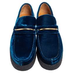 Pre Owned Celine Blue Velvet Sleek Platform Loafers Size 38