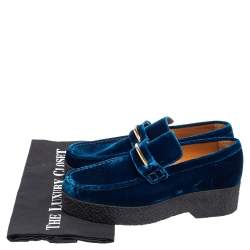 Pre Owned Celine Blue Velvet Sleek Platform Loafers Size 38