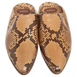 Pre Owned  Celine Mustard/Brown Python Embossed Leather Jacno Babouche Flat Mules Size 38