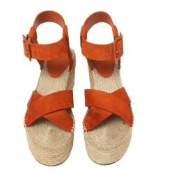 Pre Owned Celine Orange Suede Crisscross Espadrille Wedge Sandals Size 39