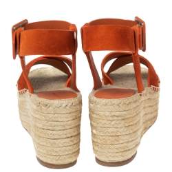 Pre Owned Celine Orange Suede Crisscross Espadrille Wedge Sandals Size 39