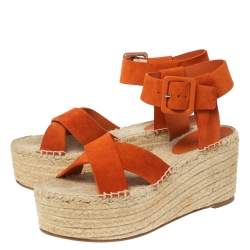 Pre Owned Celine Orange Suede Crisscross Espadrille Wedge Sandals Size 39