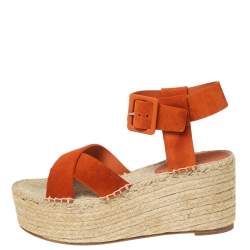 Pre Owned Celine Orange Suede Crisscross Espadrille Wedge Sandals Size 39