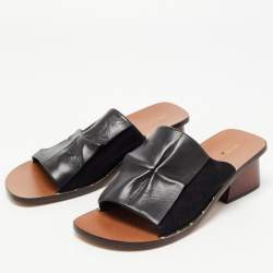 Celine Black Leather and Suede Block Heel Slide Sandals Size 38.5 