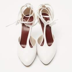Pre Owned Celine White Leather Night Out T-Strap Ankle Wrap Sandals Size 36
