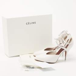 Pre Owned Celine White Leather Night Out T-Strap Ankle Wrap Sandals Size 36
