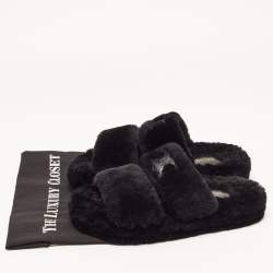 Celine Black Fur Slides Size 37