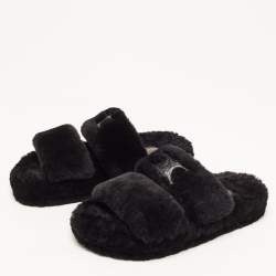 Celine Black Fur Slides Size 37