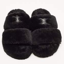 Celine Black Fur Slides Size 37