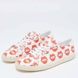 Celine White/Red Lip Eye Print Leather Low Top Sneakers Size 41