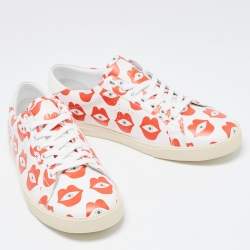 Celine White/Red Lip Eye Print Leather Low Top Sneakers Size 41