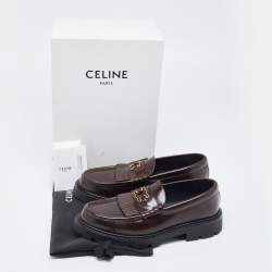 Pre Owned Celine Brown Leather Triomphe Frame Margaret Loafers Size 38