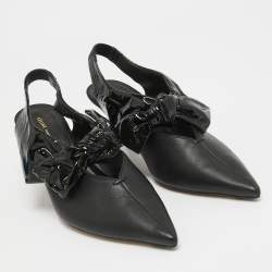 Pre Owned Celine Black Leather and Patent Bow Slingback Pumps Size 37.5