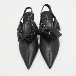 Pre Owned Celine Black Leather and Patent Bow Slingback Pumps Size 37.5