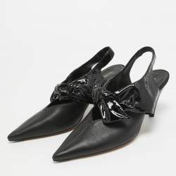 Pre Owned Celine Black Leather and Patent Bow Slingback Pumps Size 37.5