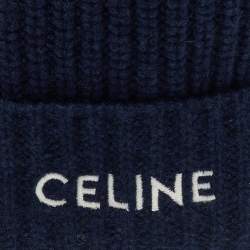 Pre Owned Celine Navy Blue Logo Cashmere Knit Beanie One Size