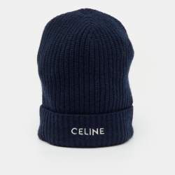 Pre Owned Celine Navy Blue Logo Cashmere Knit Beanie One Size