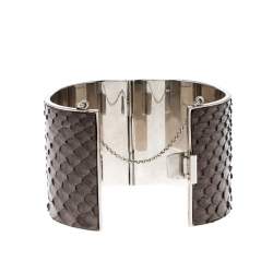 Celine Grey Python Leather Silver Tone Wide Cuff Bracelet